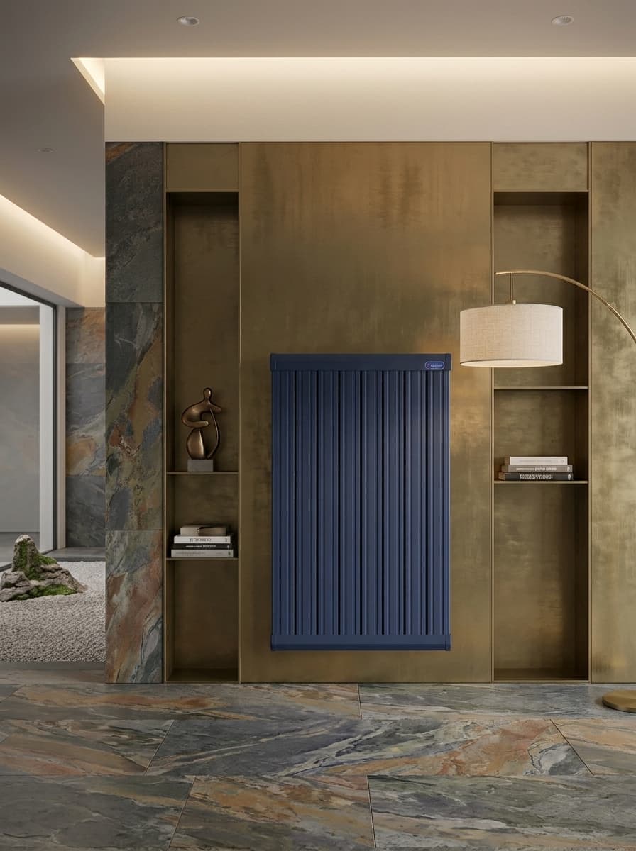 Lacivert Alurator dikey radyatör, altın panel duvarlı modern iç mekânda